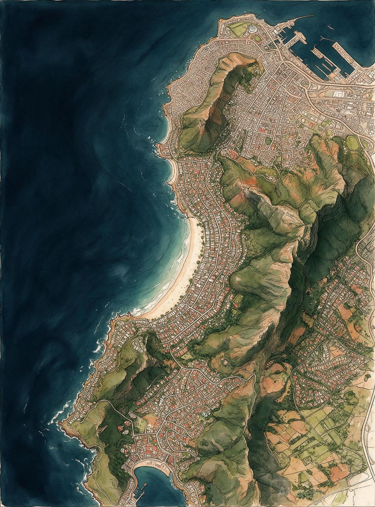 An illustrated map of Cape Town's Atlantic Seaboard, drawn by hand, from
            the V&A Waterfront and Green Point south through Sea Point, Bantry Bay,
            Clifton, Camps Bay and Bakoven to Llandudno and Hout Bay, with the City
            Bowl, Gardens and Constantia inland. The fifteen areas Cape Town Lux
            works in are marked.